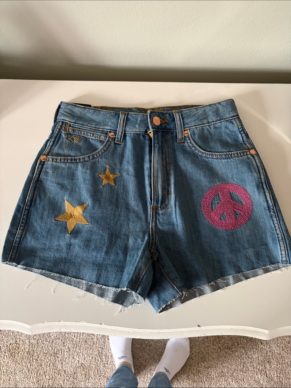 Wrangler Blue Denim Shorts with Pink Peace Patch and Gold Stars, NWT
